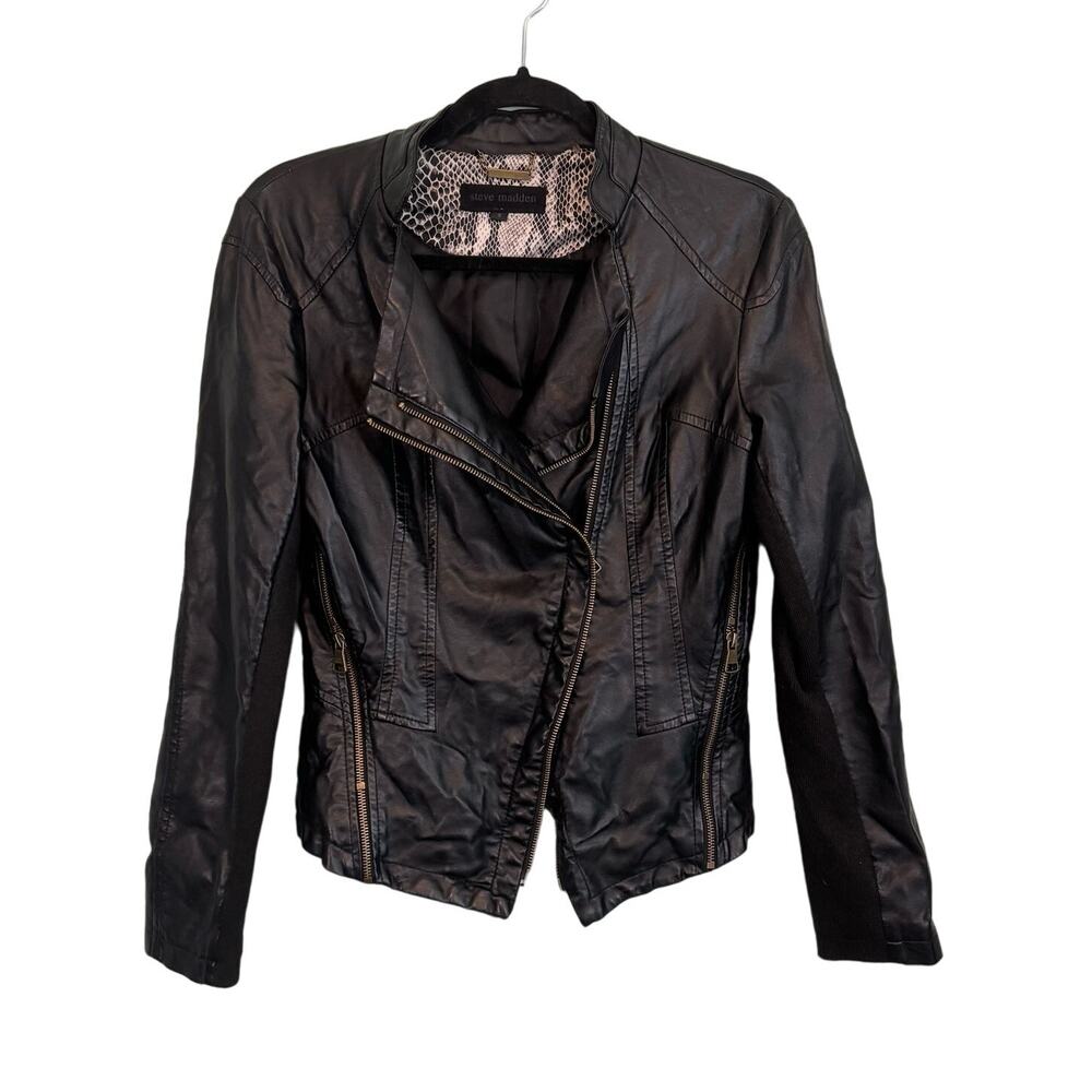 Steve Madden Faux Leather Jacket Womens Small Black Moto Biker Racer Outdoor